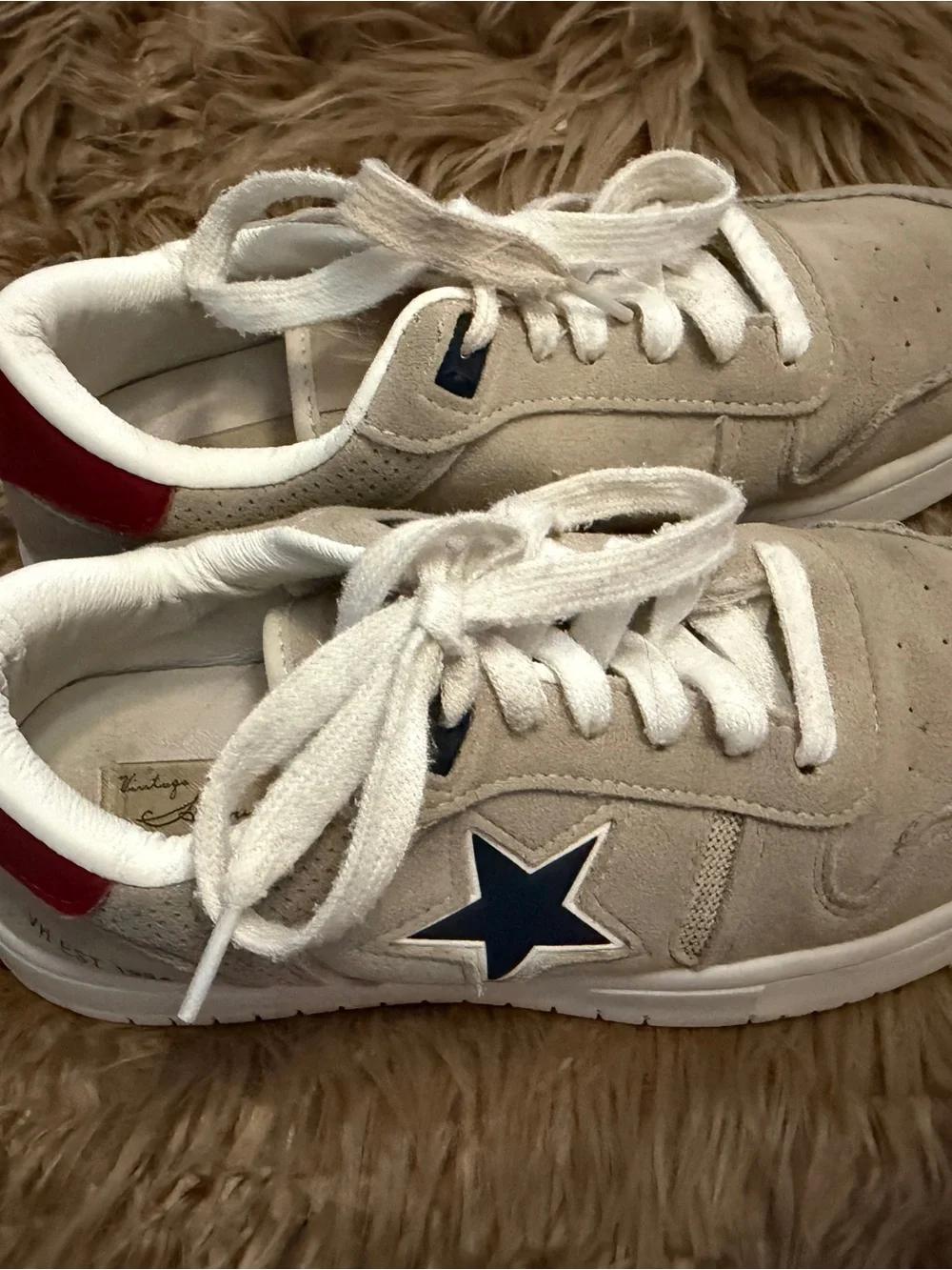 Vintage Havana Beige Suede Sneakers with Navy Star and Red Heel Tab, women’s 7.5